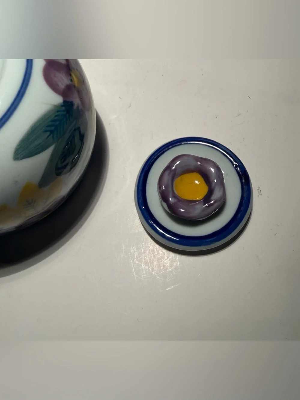 Vintage Porcelain Sugar Bowl with Purple Flower Lid Made In China